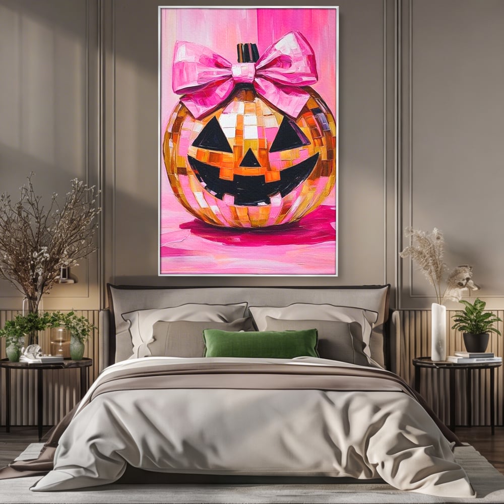 Tablou canvas cu tablou canvas cu dovleac roz si fundita, in rama de aluminiu argintiu, pe perete intr-un dormitor